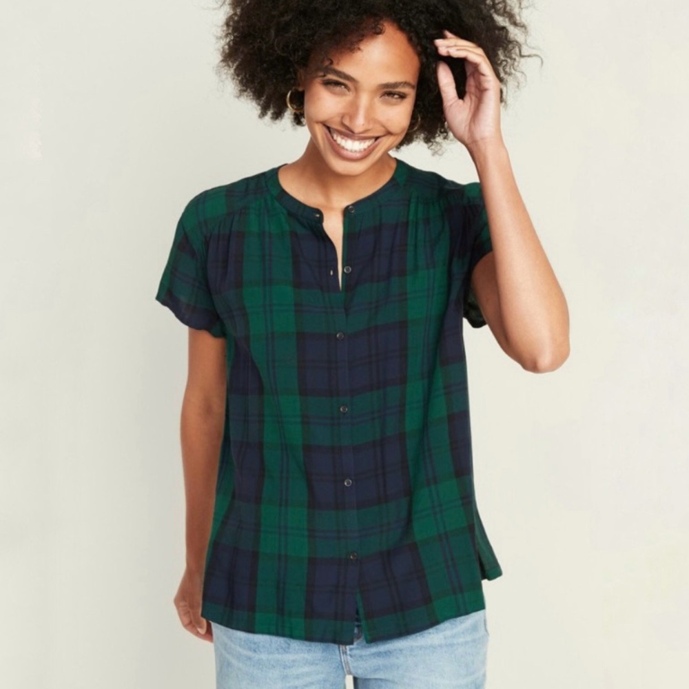 Old Navy Tartan Plaid Button Up Blouse Size‎ XS Blue Green Holiday Christmas